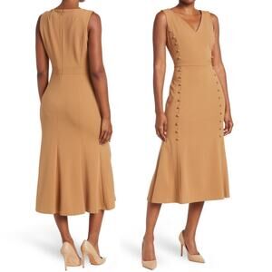 New CALVIN KLEIN Flounce Peplum Mermaid Midi Dress V-Neck Brown Career Office 2